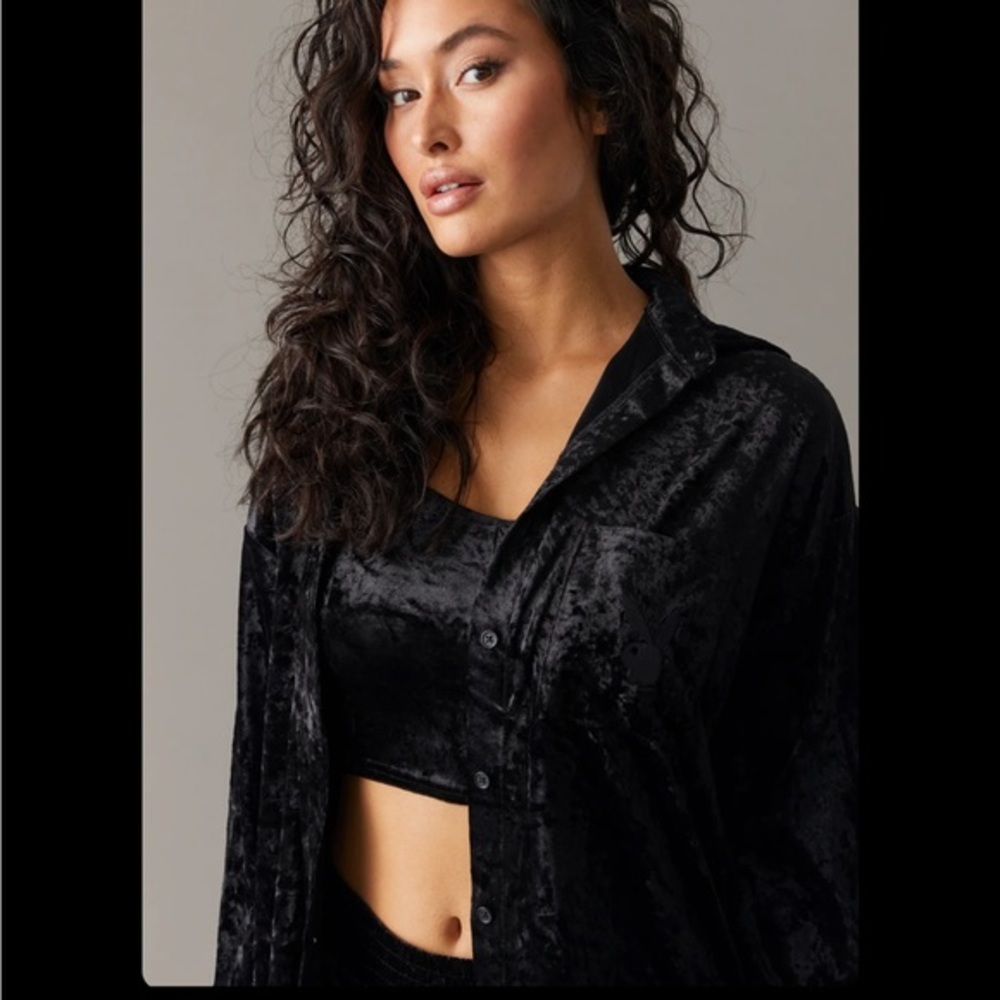 Brand NEW NWT Ladies Playboy Black Crushed Velour Shacket velvet soft feel